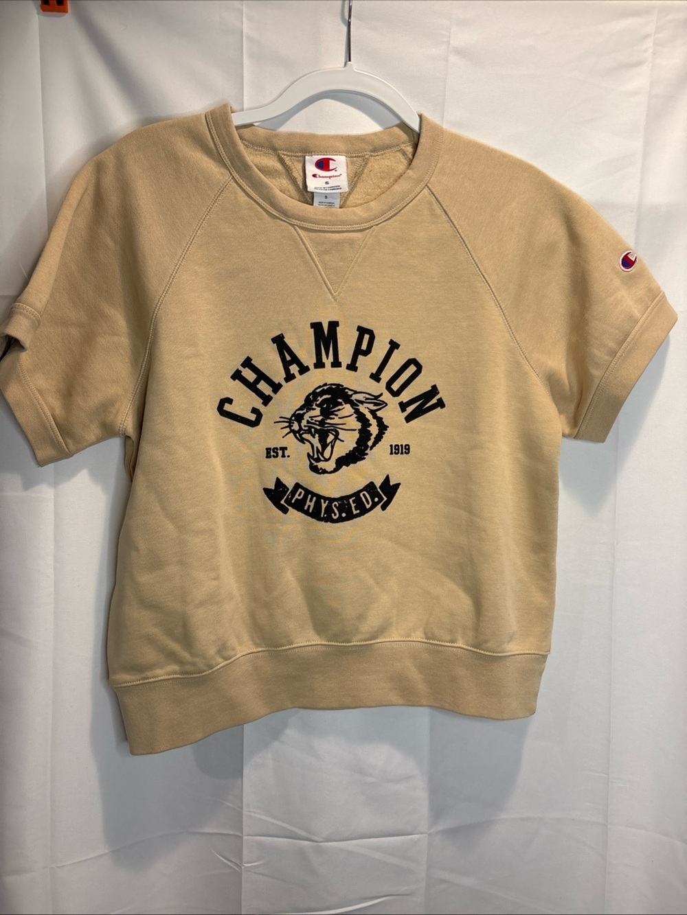 Champion Short-Sleeve Sweatshirt Tee in Tan with Black Graphic